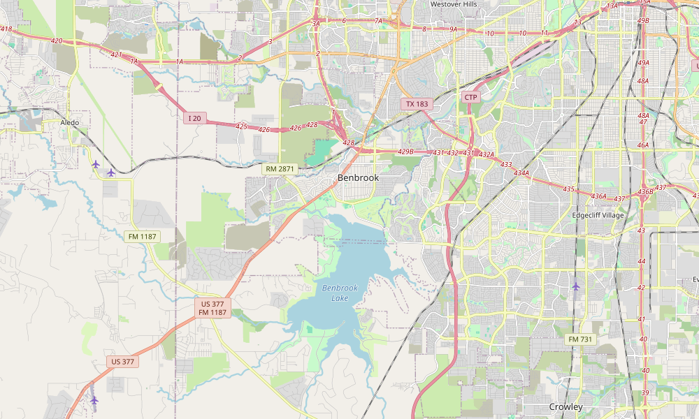 Street map showing Benbrook, Benbrook Lake and nearby southwest Fort Worth