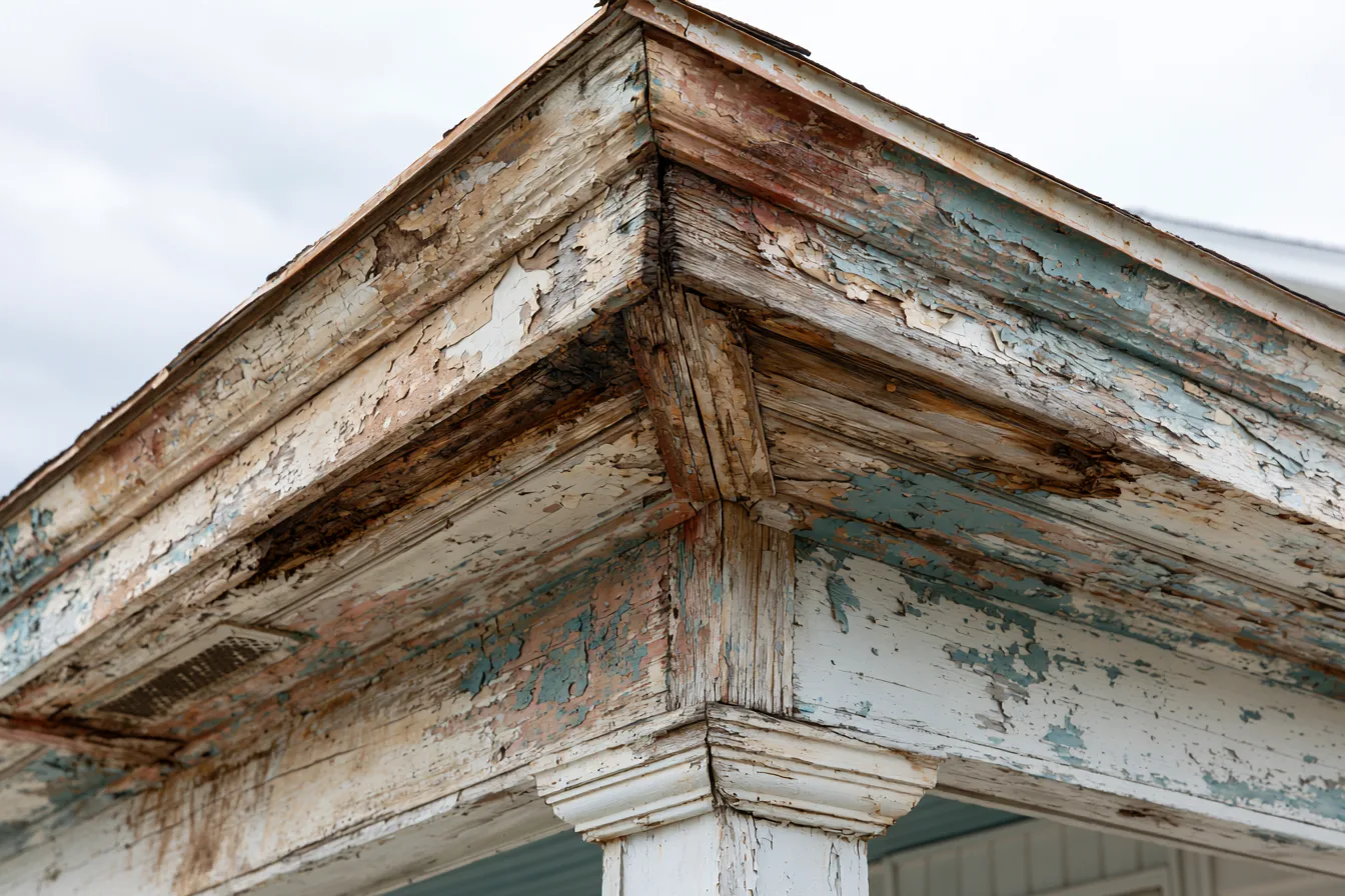 Water-stained soffit corner with peeling paint